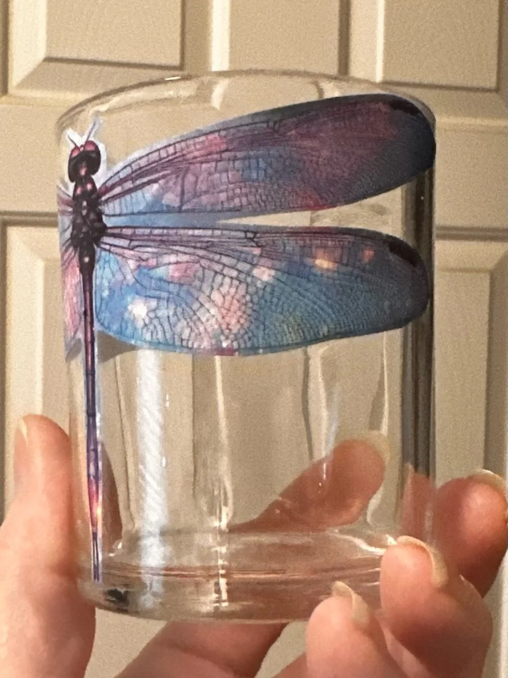 Hand crafted dragonfly floating hanging shelf with glass cup
